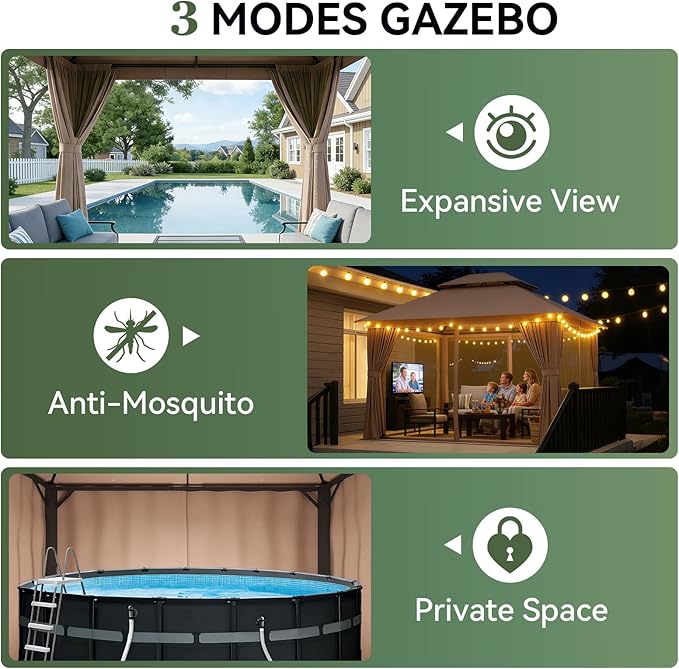 Aoxun 10x12 Outdoor Gazebo with 50FT LED Hanging Lights Metal Frame Canopy with Double Roofs Heavy Duty Party Tent Shelter with Mosquito Netting and Privacy Screen for Backyard, Lawn, Garden(Khaki)
