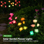 RECHOO Solar Garden Lights Outdoor Decorative, 3 Pack Solar Flower Lights with 15 Rose Flowers, Multi-Color Changing LED Waterproof Garden Decor for Landscape Pathway, Mother's Day Gifts for Women
