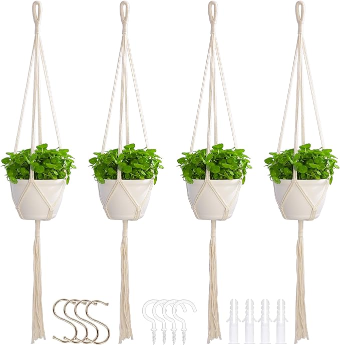 Macrame Plant Hangers Indoor Macrame,4 Pack Hanging Planter Holder for Window,Ceiling Crochet Handmade Boho Home Decor Set for Hanging Plants Basket Pot,Ivory