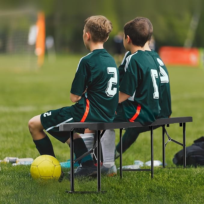 VEVOR Plastic Folding Bench, 6ft Portable Folding Bench, Smooth High Density Polyethylene Waterproof Outdoor Bench, Picnic Camping Table with Handle for Garden Soccer Playtime, Black (1 Pack)