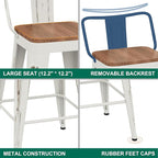 WENTMENT Bar Stools Set of 4, Industrial Style, Metal Frame, Distressed White, Wooden Seat, 24" H x 12.2" W x 15.6" D, 330 lbs Max Weight, Counter Height
