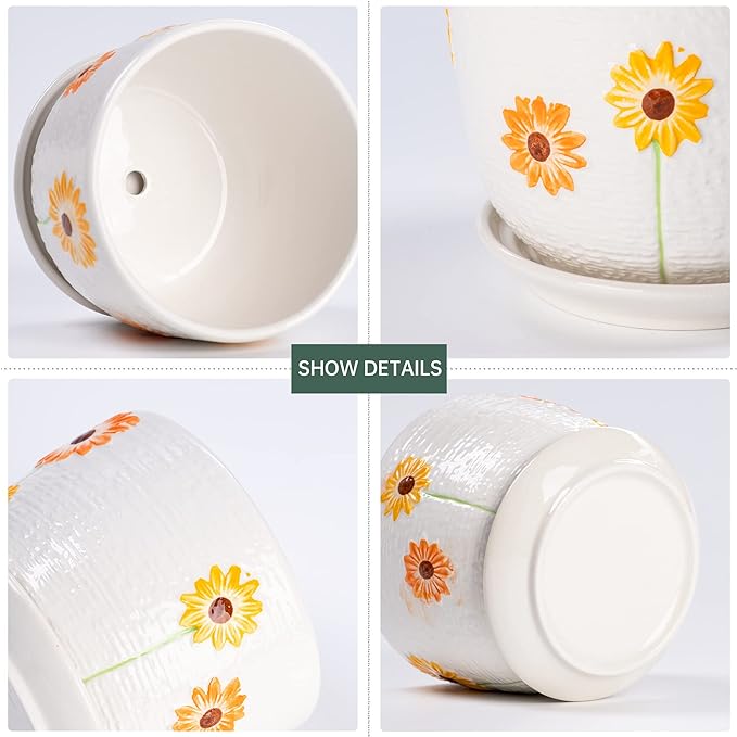 Ton Sin Plant Pots,Set of 3 Ceramic Sunflower Flower Pots for Indoor Plants,4+5+6 inch Pots with Drainage Hole Saucer,Garden Pots Catus Planters