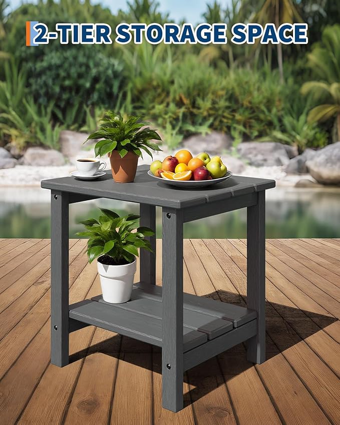 GarveeLife Outdoor Side Table 2-Tier, 18 in HDPE All Weather Resistant Patio Side Tables for Outside, End Table for Patio Pool Deck Indoor Backyard, Grey