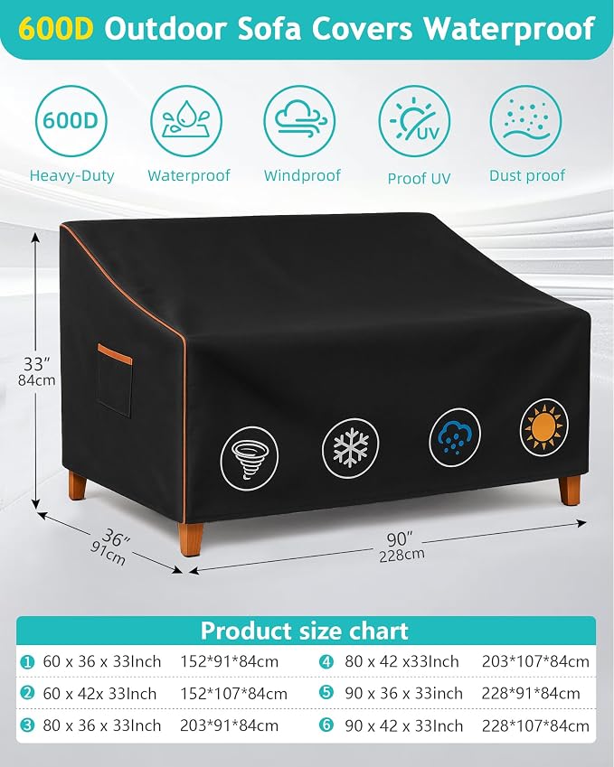 Sofa Cover, Black Waterproof 600D Oxford, 90 x 36 x 33 Inch