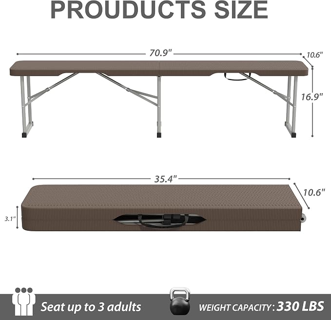 Folding Bench, 6 ft Brown Plastic Outdoor Seat with Handle, 2 Pack