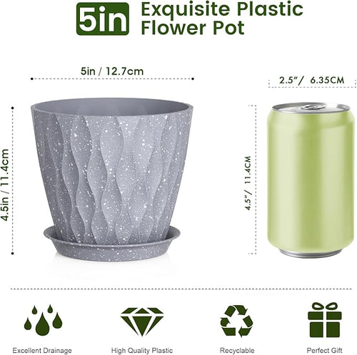 5 inch Plant Pots for Indoor Outdoor Plants, 6 Pack Thick Flower Pots with Drainage Holes and Saucers, 3D Modern Wave Texture Small Plastic Planters Nursery Pots, Speckled Grey
