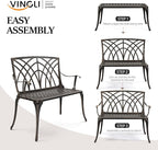 VINGLI 38" Outdoor Metal Bench, Cast Aluminium Garden Bench, Weatherproof Antique Finish Orchid Chair, 1-2 Person Seat Deck Furniture for Porch Entryway Patio (Brown)