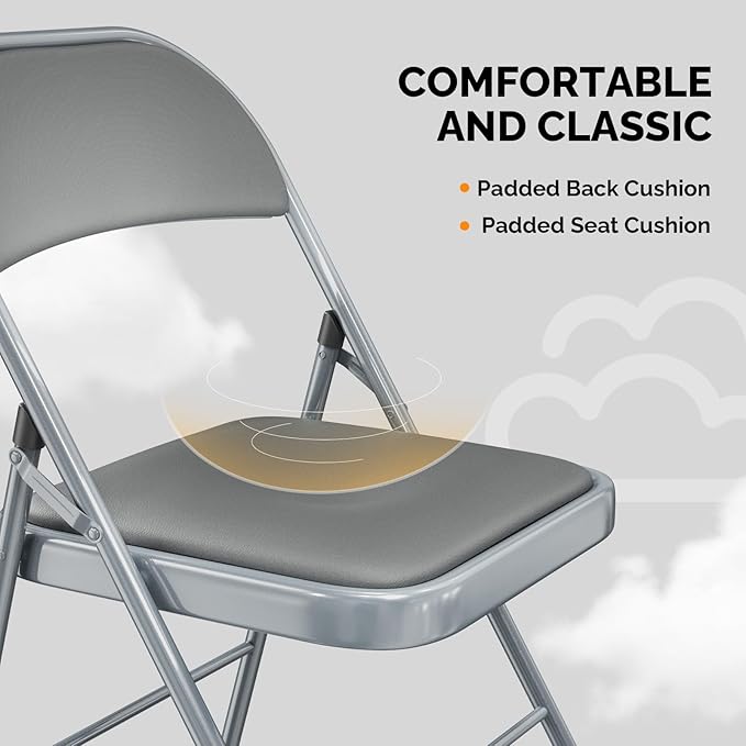 VINGLI 4 Pack Folding Chairs with Padded Seats, Metal Frame with Pu Leather Seat & Back, Capacity 350 lbs, Gray