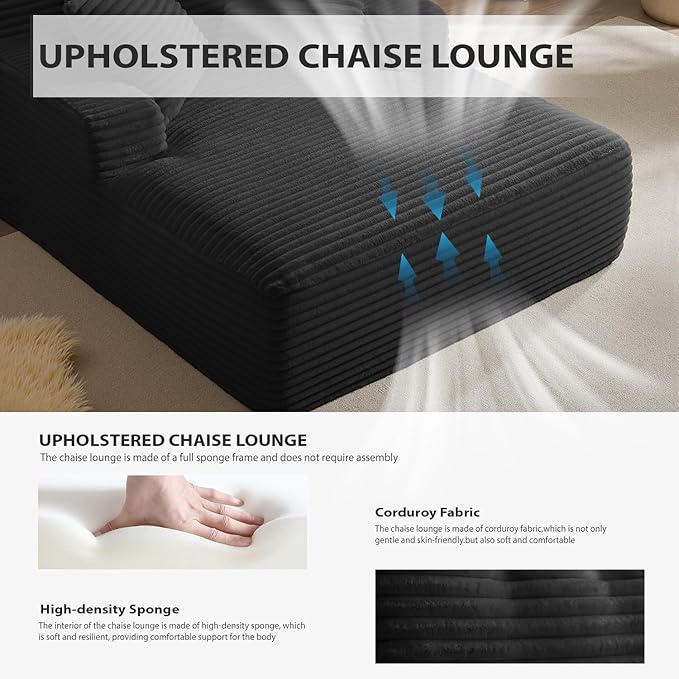 67 Inch Oversized Chaise Lounge Chair Indoor, Corduroy Upholstered Boneless Sofa Bed, Deep Seat Sleeper Couch Reading Chairs, Cloud Sofas Couches for Living Room, No Assembly Required (Black)