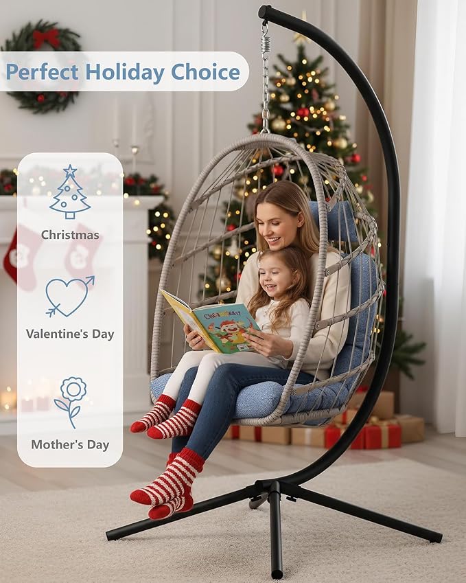Hammock Egg Chair with Cushion, Light Blue Wicker, 350 lb Capacity