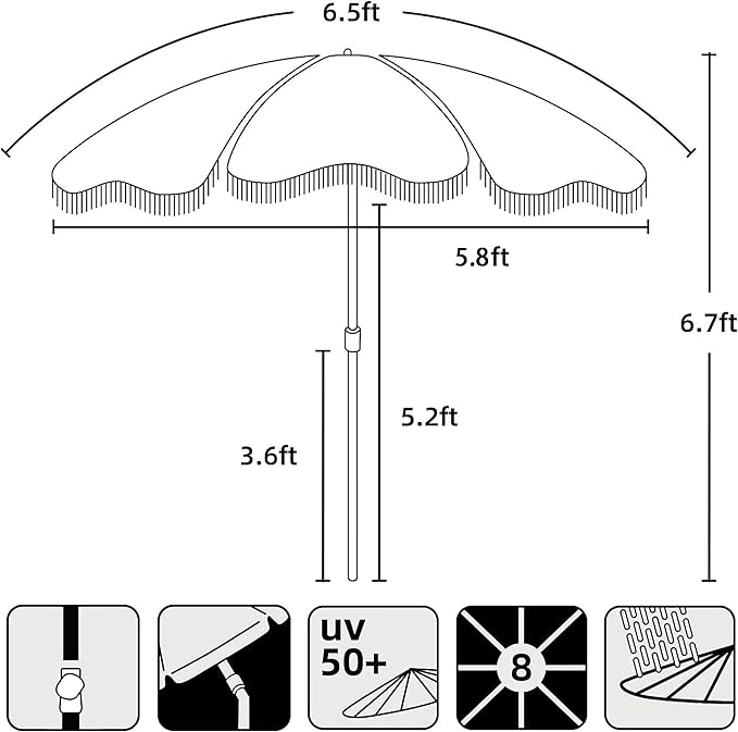 AMMSUN Boho Fringe Umbrella Outdoor Patio, 6.5ft UPF50+ Picnic Umbrella with Tassels with Steel Pole and Push Button Tilt, Blue