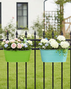 Railing planter box - 3 Pack Metal Hanging Flower Pots with Detachable Hooks & Drainage Holes, Window Oval Bucket Fence Hanging Planters for Outdoor Plants Garden Balcony Home Decor, Green Orange Blue
