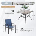 5 Piece Patio Dining Set for 4, 37”x37” Square Table (PVC Wood-Like Table Top) with 1.57" Umbrella Hole, 4 Metal Blue Chairs, Outdoor Table and Chairs Set for Lawn Backyard and Deck