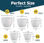 White Plant Pots with Drainage Holes & Saucers 15 Pack, Indoor & Outdoor Stackable Space-Saving Planters for Houseplants & Flowers, (7", 6.7", 6", 5.3", and 4.8" Inches), Durable & Weatherproof