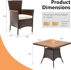 RoyalCraft 5 Piece Patio Wicker Dining Sets for 4, Water-Resistant Rattan Outdoor Dining Table and 4 Chairs with Wood Table Top, Conversation Set for Deck, Garden, Backyard, Removable Cushions, Brown