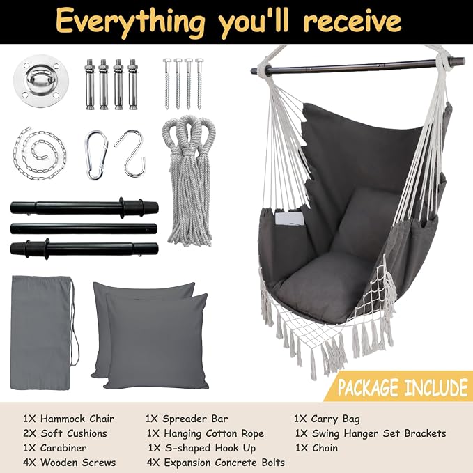 Hammock Chair in Dark Grey with Steel Spreader Bar, 2 Cushions, 450 lb Max