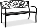 Best Choice Products Outdoor Bench Steel Garden Patio Porch Furniture for Lawn, Park, Deck w/Floral Design Backrest, Slatted Seat - Black