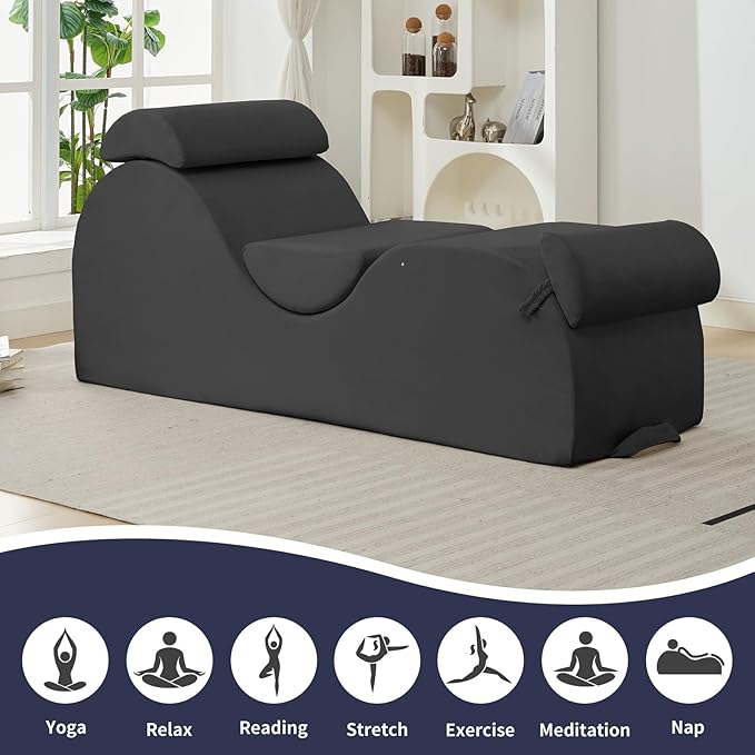 ijuicy Sleek Chaise Lounge Chair for Exercise, Indoor Lounger with Headrest, Waist Cushion, Movable Footrest, Side Pockets, Non-Slip Bottom, High Density Sponge, Dark Grey