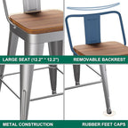 WENTMENT Bar Stools Set of 4 Counter Height Stools with Removable Back 30" Kitchen Bar Stools with Wooden Seat, Silver