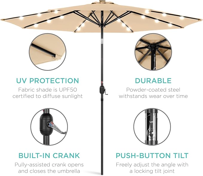 Best Choice Products 10ft Solar Polyester LED Lighted Patio Umbrella w/Tilt Adjustment and UV-Resistant Fabric