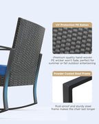 3 Piece Patio Bistro Set Patio Furniture Set Outdoor Wicker Rocking Furniture Conversation Set with Tempered Glass Coffee Table for for Front Porch Balcony and Deck (Blue Cushion)