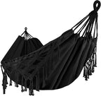 Bellzacasa Double Hammock, Heavy Duty 500 lb Load Capacity Tassels and Fishtail Knitting with Mounting Straps for Outdoor Camping Patio Balcony Black