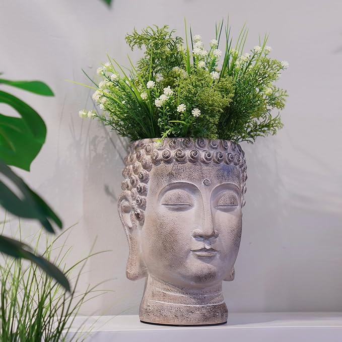 Buddha - Face Flower Pot - Head Planters - Garden Statue - Cactus Succulents Planter Pot Indoor Outdoor Planter with Drainage Hole Unique Garden Farmhouse Decor 6.25*6.5*8.25 Inch Newman House Studio