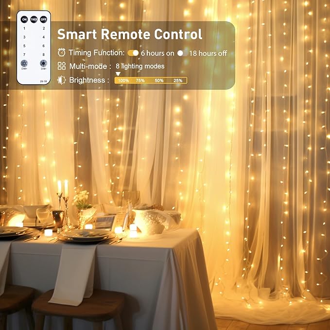 Indoor String Lights: 900 LED Warm White Curtain Lights, 9.5 x 29.5 ft