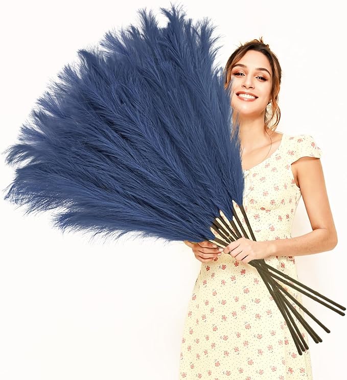 Artificial Pampas Grass Stems, 8 Pack 35-Inch Fluffy Silk Plumes in Blue