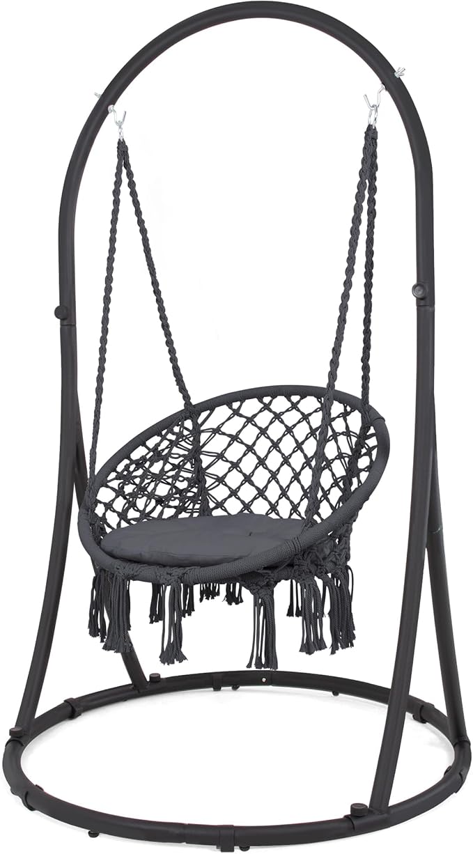 Hammock Chair with Stand, Grey Polycotton, 330 lb Capacity