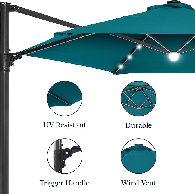 Best Choice Products 10ft Solar LED Offset Cantilever Hanging Market Patio Umbrella, Smooth 360° Rotation, 8 Sturdy Ribs, Easy Adjustment - Cerulean