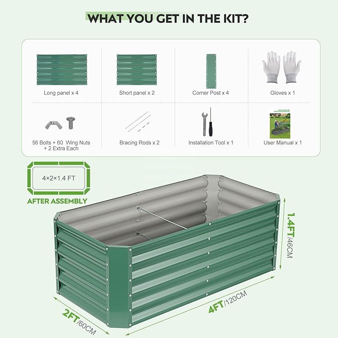 ZORMY 4×2×1.4ft Galvanized Raised Garden Bed Kit, Metal Planter Boxes Outdoor, High Raised Beds for Vegetables, Fruits, and Flowers - LotusGreen