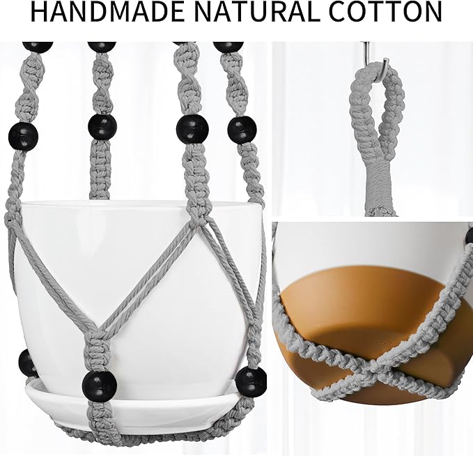 Macrame Plant Hanger - Fits 4 to 15 inches Pots for Indoor Outdoor, 43"/35"/29" Different Sizes Set, Gray (POTS NOT Included)