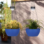 BAYN 2 Packs Solar Hanging Basket Planters for Plants Outdoor, Self Watering Blue Flower Plants Pots with Solar Light Drainer for Balcony Patio Garden Outdoor Decoration