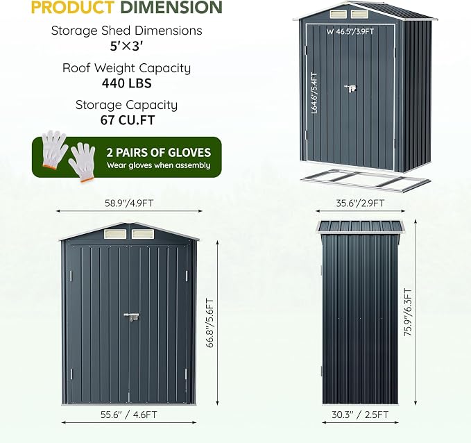 Storage Shed, 5 x 3 ft Steel with Floor Frame and Lockable Doors
