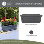 The HC Companies 24 Inch Venetian Window Planter Box with Drainage Plug, Lightweight UV-Resistant Plastic Indoor & Outdoor Planters, 2-Pack Flower Box for Garden & Home Decor, Warm Gray