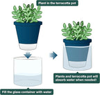 D'vine Dev 4 Inch Design Self Watering Planter for Indoor Plants, Blue Terracotta Pot with Cylinder Glass Cup, Set of 4, 37-Z-A-4-F