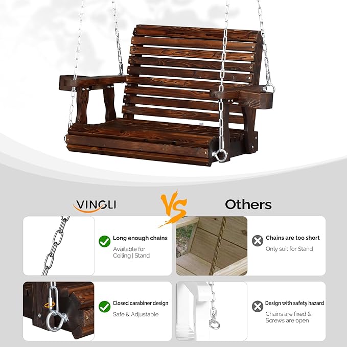 Porch Swing, Rustic Pine Wooden, 440 lb Capacity, Single Seat