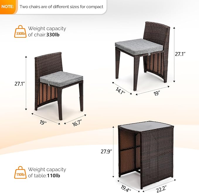 Bistro Set, 3-Piece Brown Wicker Patio Table with Glass Top