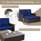 HAPPYGRILL Patio Rattan Wicker Daybed with Loveseat & Storage Ottoman, Outdoor Lounge Sofa Furniture Set with Adjustable Backrest & Side Trays, for Poolside Deck Porch Lawn (Mix Brown & Navy)