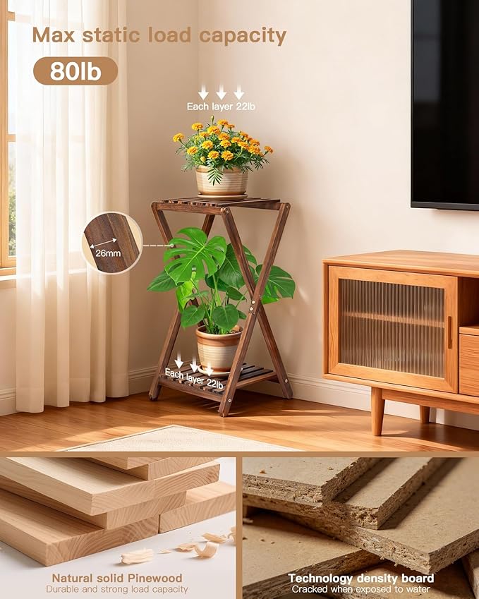 Tall Plant Stand Indoor, Wooden 2 Tier Plant Shelf for Multiple Plants,Corner Square Plant Display Rack,65in Flower Potted Stand for Living Room Balcony Bedroom Office