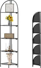 Crofy Foldable 5 Tier Corner Shelf, Metal Corner Plant Stand with Black Frame and Black Shelves, Corner Display Rack Multipurpose Shelving Unit for Living Room, Bedroom, Bathroom