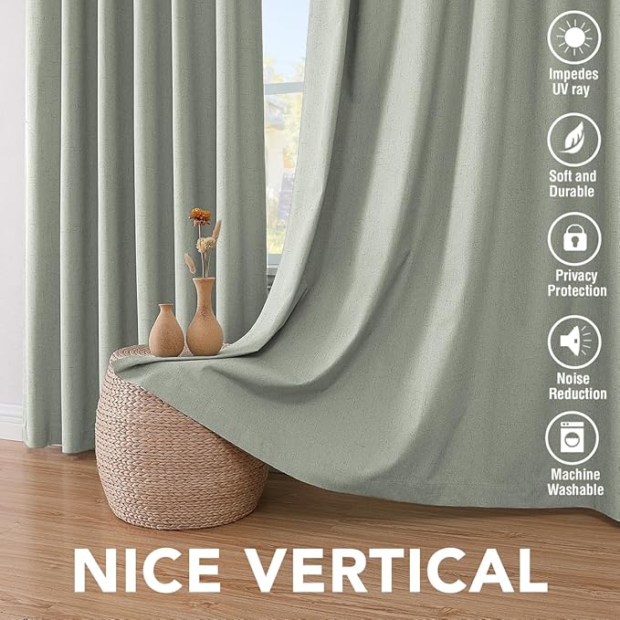 H.VERSAILTEX Primitive Linen Curtains 100% Blackout Curtain Drapes Burlap Fabric Curtains with White Thermal Insulated Liner, Grommet Top Drapes Living Room/Bedroom (2 Panels, 42 x 84 Inch, Sage)