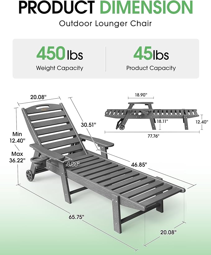 Lounge Chair Outdoor Set of 4 with Wheels, Adjustable 5-Position Chaise Lounge Outdoor, Patio Lounge Chair for Poolside Backyard, Grey