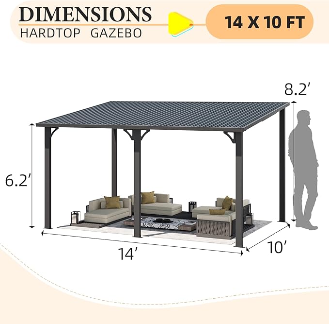 AECOJOY 14' x 10' Outdoor Hardtop Gazebo Pergola for Patio, 10x14 Large Galvanized Steel Heavy Duty Lean to Wall-Mounted Pergolas and Gazebos Clearance, Metal Patio Roof Awnings for Backyard, Decks