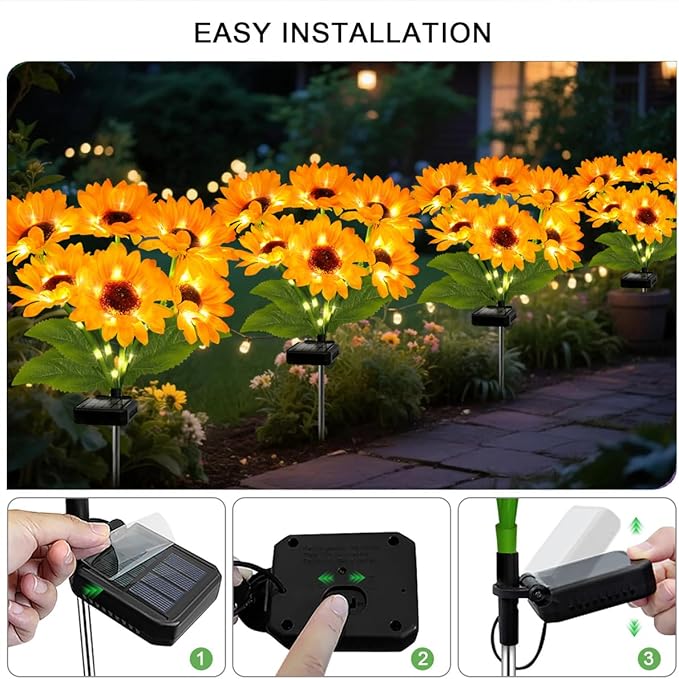 4 Pack with 24 Solar Sunflower Lights Outdoor Decorative Lights for Garden, Birthday Gift for Mom and Friends, IP65 Waterproof Sunflower Garden Stake Lights for Yard Patio Lawn Pathway