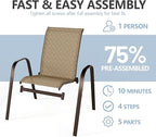 SWITTE Patio Chairs Set of 4 with Armrests, Outdoor Stackable Dining Chairs with Breathable Backrest and Metal Frame for Lawn, Garden, Deck, Poolside, Beige