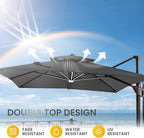 10 X 13 FT Cantilever Patio Umbrella with Led Lights and Base Included Outdoor Heavy Duty Double Top Rectangle Offset Umbrellas with 360-degree Rotation for Pool Deck Backyard, Grey