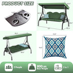 3 Seat Outdoor Porch Patio Swing with Stand 800lbs 2-in-1 Convertible Swing Bed with Adjustable Canopy & Removable Cushion for Yard Garden Deck (Green, Square Tube)
