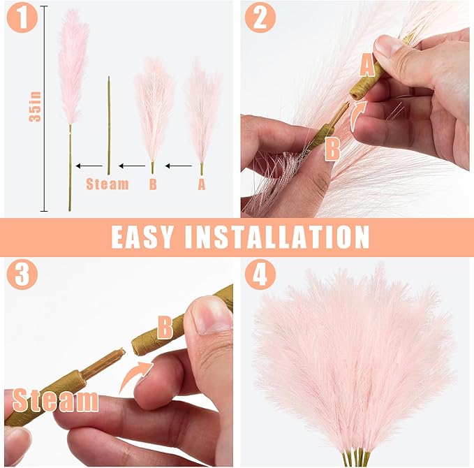 Artificial Pampas Grass Stems, 8 Pack, 35 Inch Pink Silk Plumes